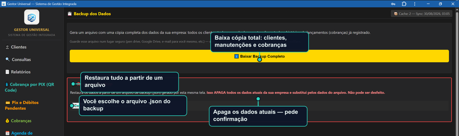Tela de backup e restauração de dados do Gestor Universal