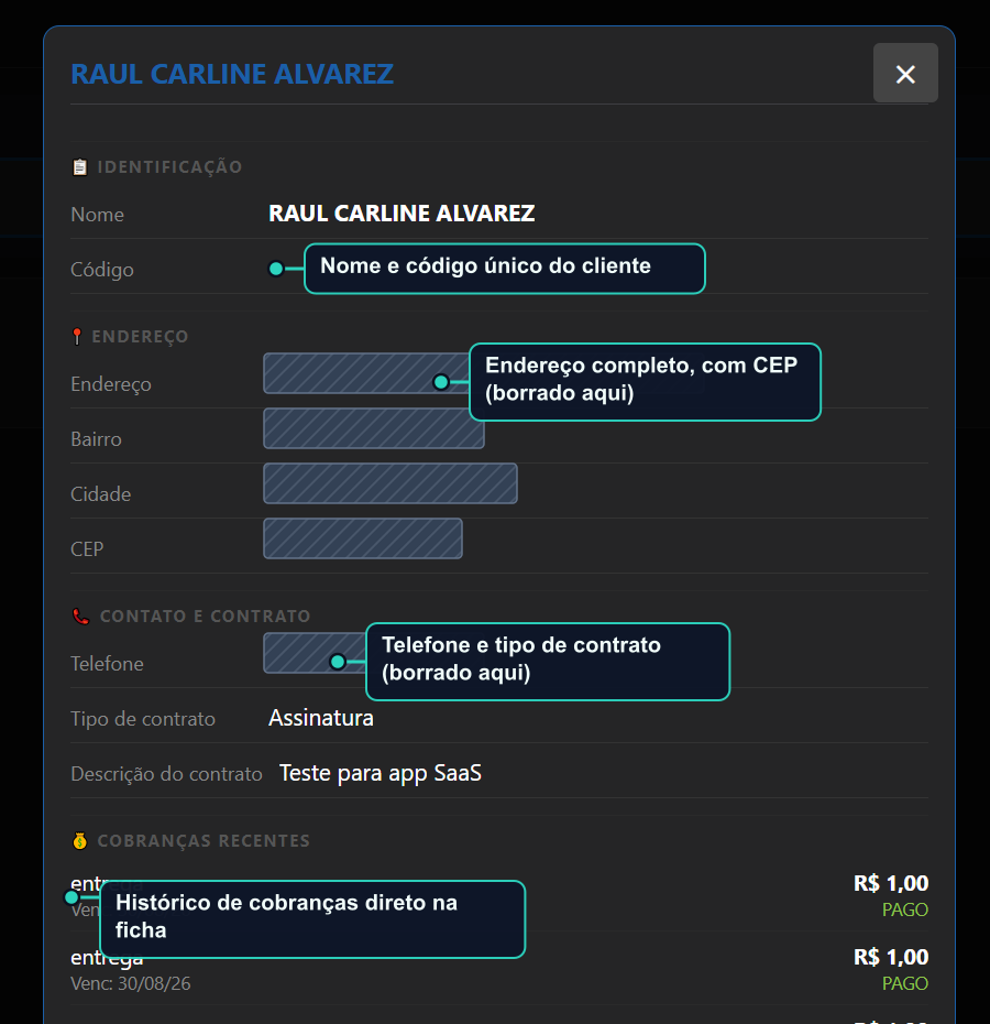 Ficha do cliente no Gestor Universal com identificação, endereço, contrato e histórico de cobranças