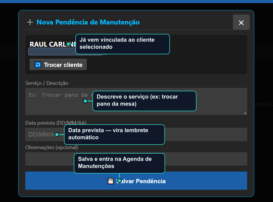 Formulário de nova pendência de manutenção do Gestor Universal, vinculado ao cliente