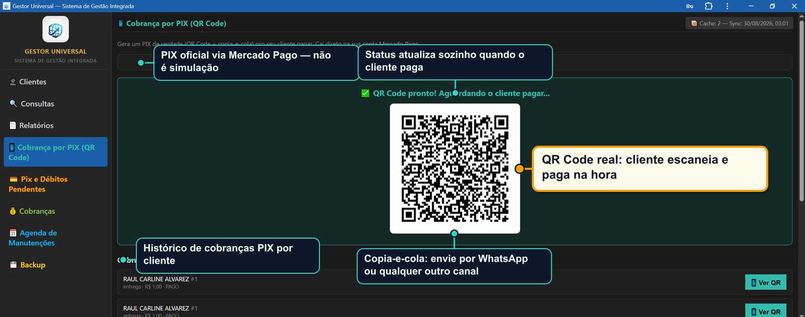 Tela de cobrança por PIX do Gestor Universal com QR Code real gerado via Mercado Pago