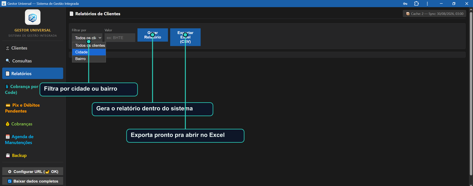 Tela de relatórios de clientes do Gestor Universal com filtro por cidade e exportação para Excel
